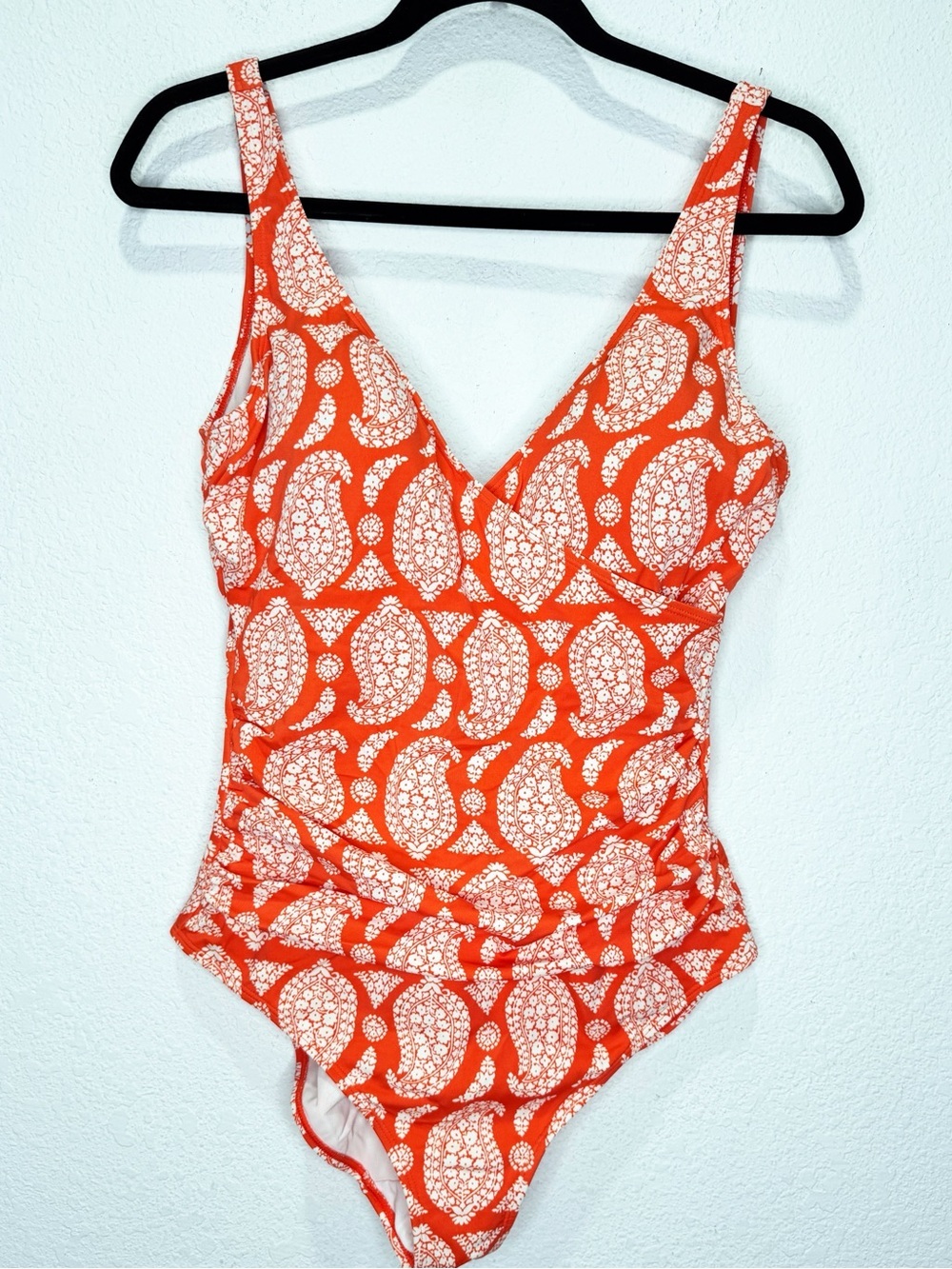 Boden Wrap V Neck Ruched Orange Paisley Swimsuit One Piece